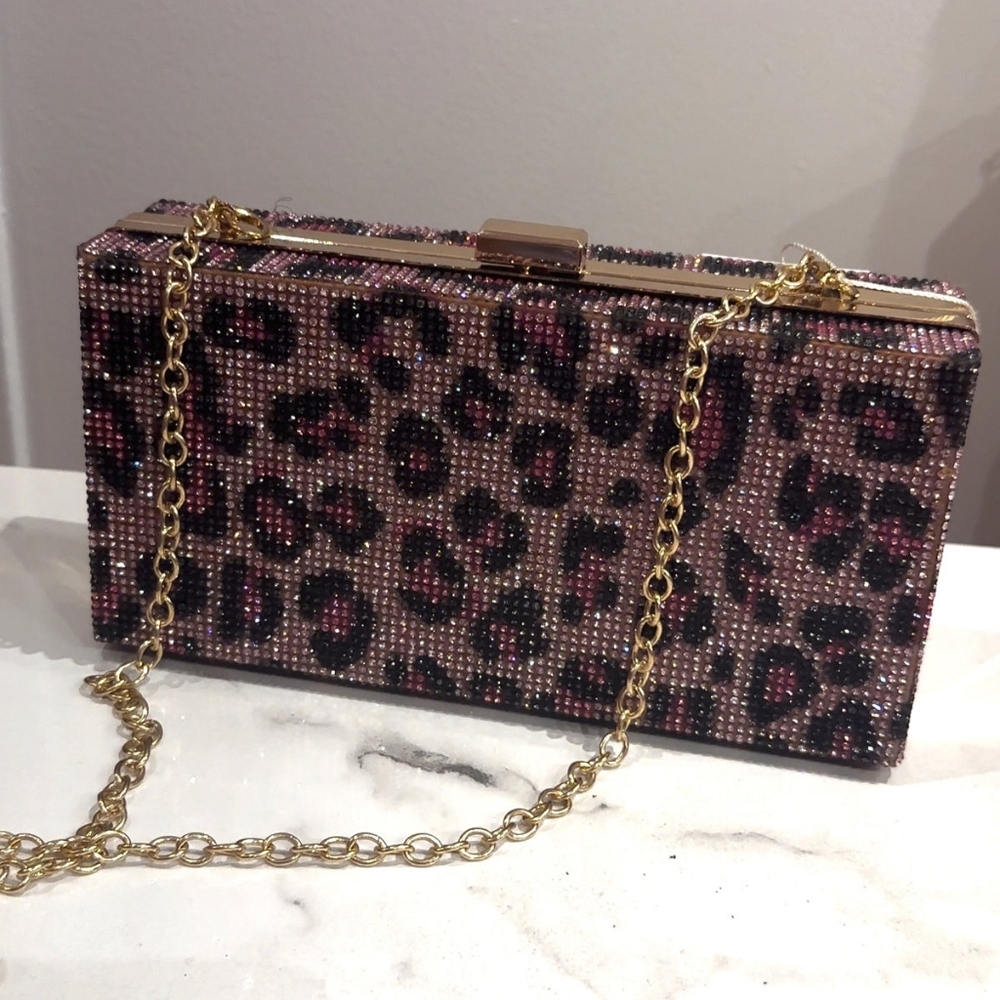 Caleesa Red Pink Rhinestone Leopard Print Clutch with Gold Chain